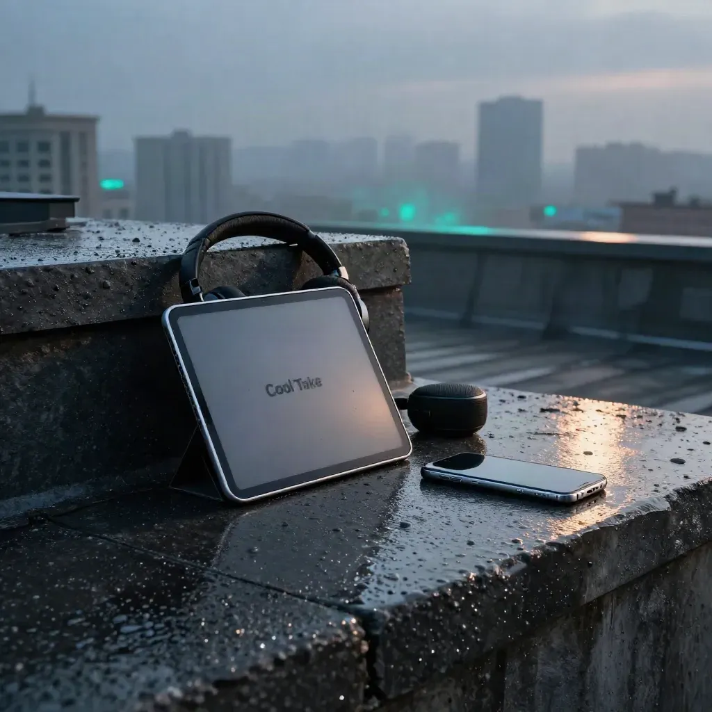 Rain-dark rooftop media stack with tablet, headphones, remote, speaker and phone in dawn haze.