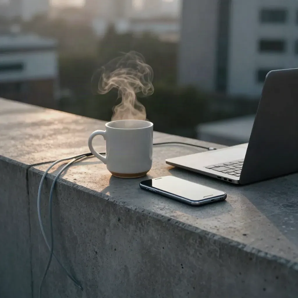 Phone wakes beside a steaming mug, closed laptop and coiled cable on a concrete balcony ledge.
