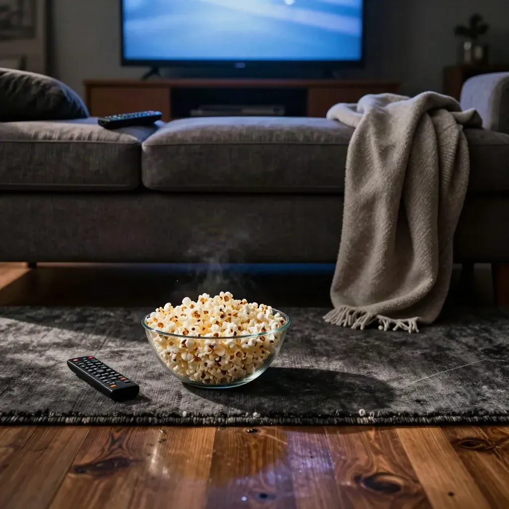 Dark living room with paused TV glow, remote on sofa arm, popcorn bowl, and folded throw blanket.
