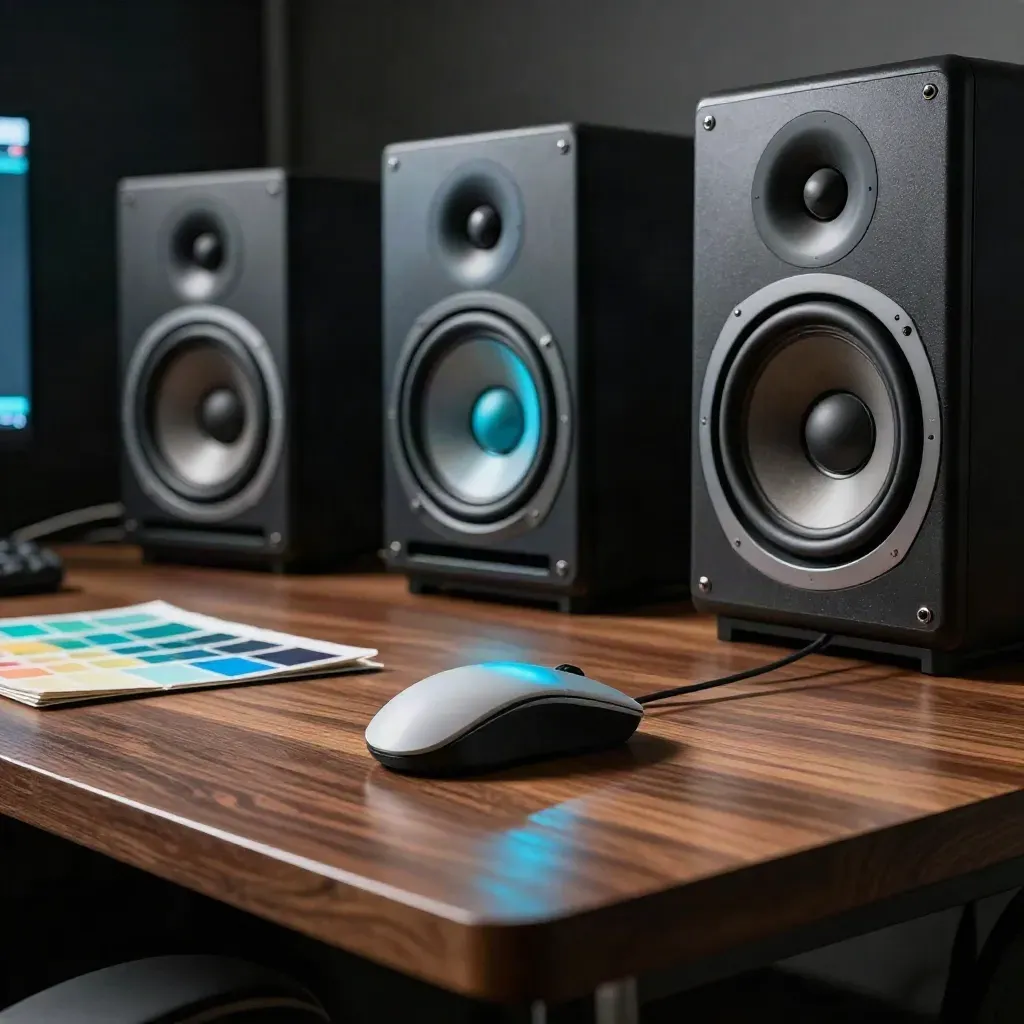 Three studio monitors glow cyan over a walnut ad table with swatches and foam-core panels.