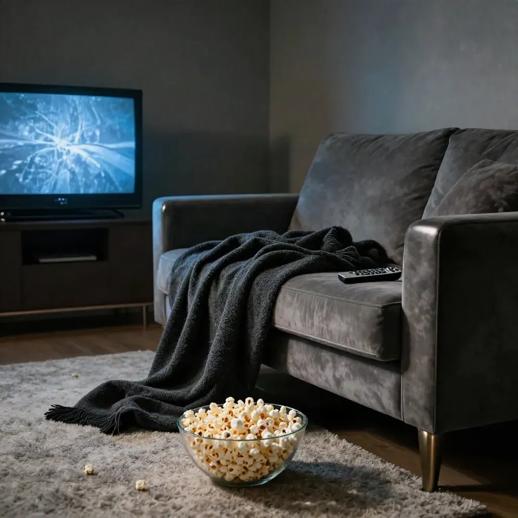 Low-angle view of a blue-lit den with a TV, remote, popcorn bowl, and rumpled throw blanket.