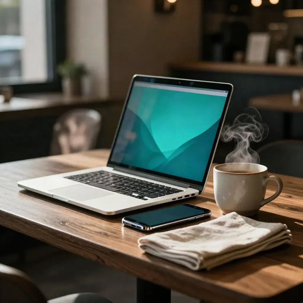 Laptop and phone on a café table with steam, mug, napkin, and cyan glow