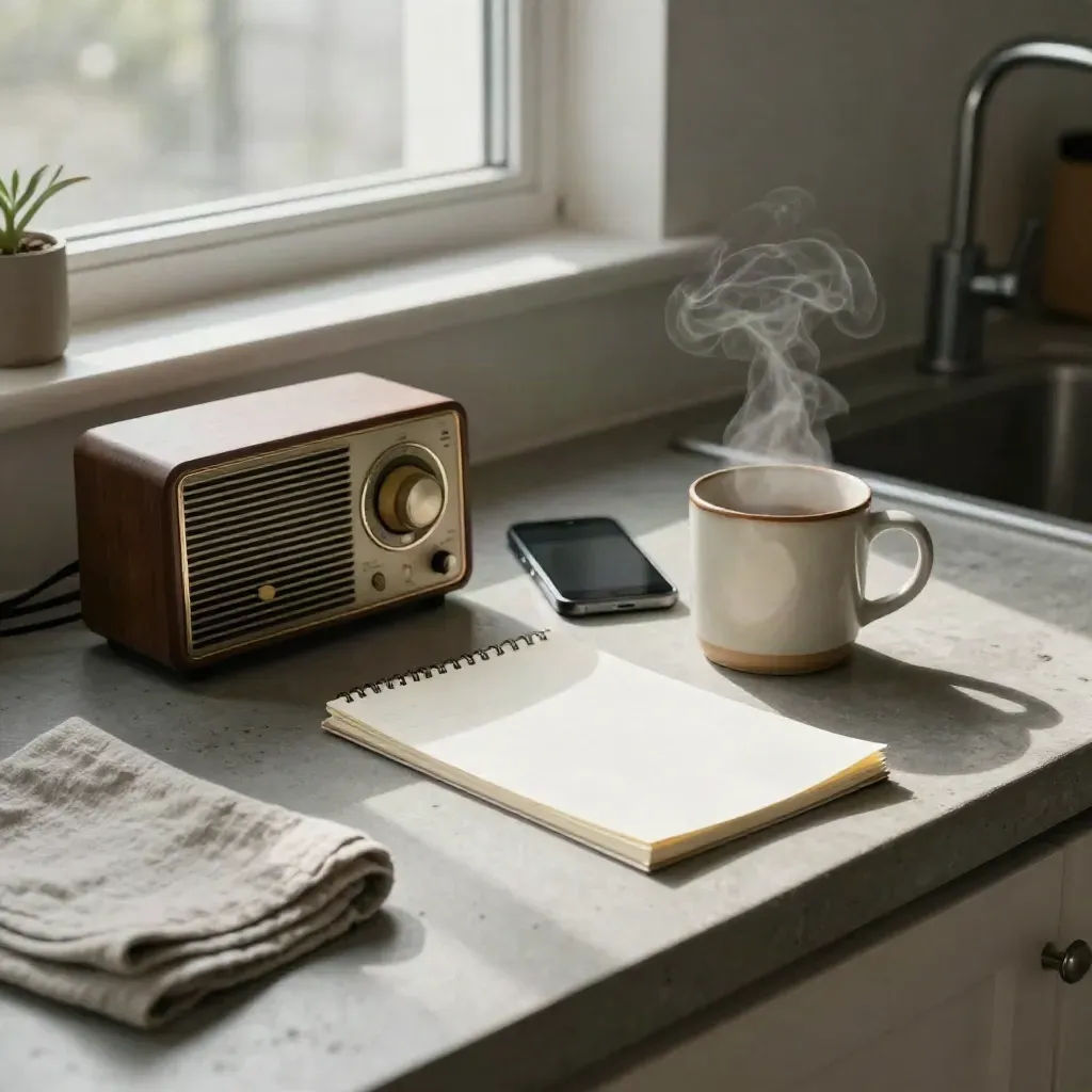 Kitchen counter with radio, phone, steaming mug, and blank notepad in morning window light.
