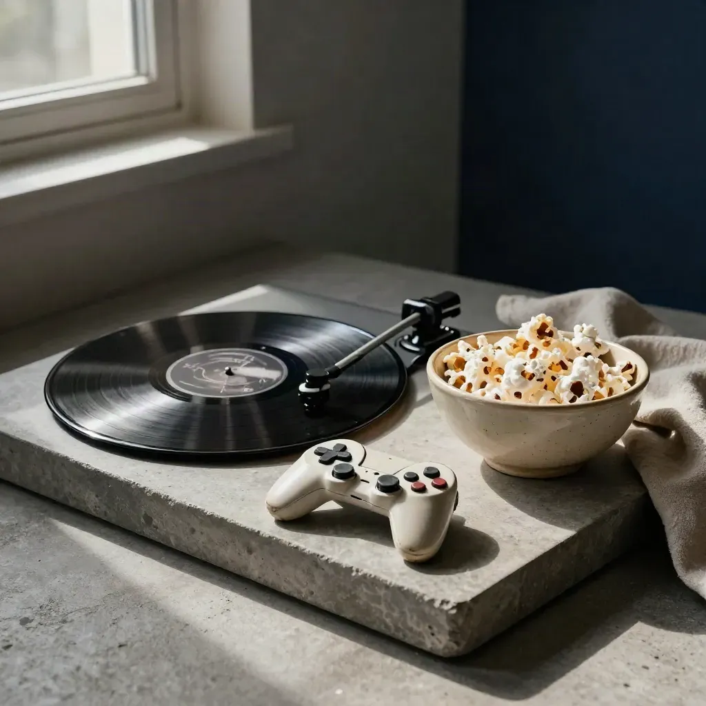 Vinyl record, retro game controller, and popcorn bowl on a stone tray