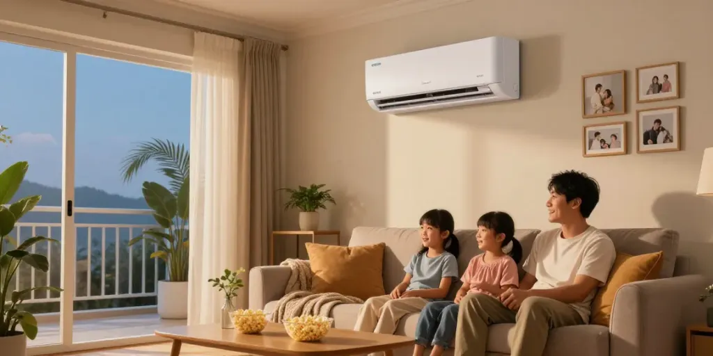 Relaxed family movie night in living room featuring a 24000 BTU mini split air conditioner, modern decor, and warm lighting.
